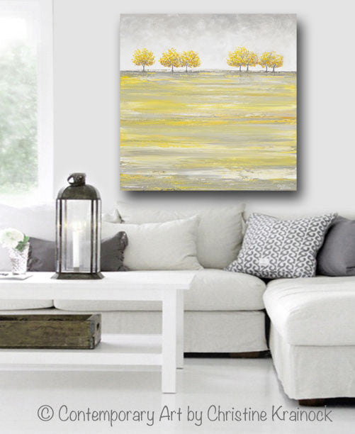 Load image into Gallery viewer, ORIGINAL Art Abstract Yellow Grey Painting Gold Tree Landscape Textured Palette Knife Wall Decor - Christine Krainock Art - Contemporary Art by Christine - 2
