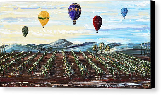 Giclee Print Art Painting Hot Air Balloons Over Vineyard Landscape - Misty Morning, Canvas Print Home Decor