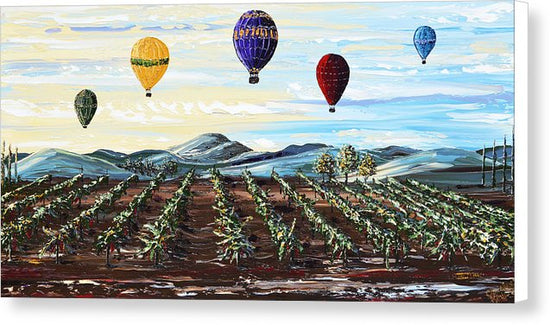 Giclee Print Art Painting Hot Air Balloons Over Vineyard Landscape - Misty Morning, Canvas Print Home Decor