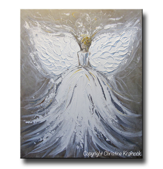 ORIGINAL Abstract Angel Painting White Grey Taupe Guardian Angel Art Textured Spiritual Wall Art 20x24" - Christine Krainock Art - Contemporary Art by Christine - 3