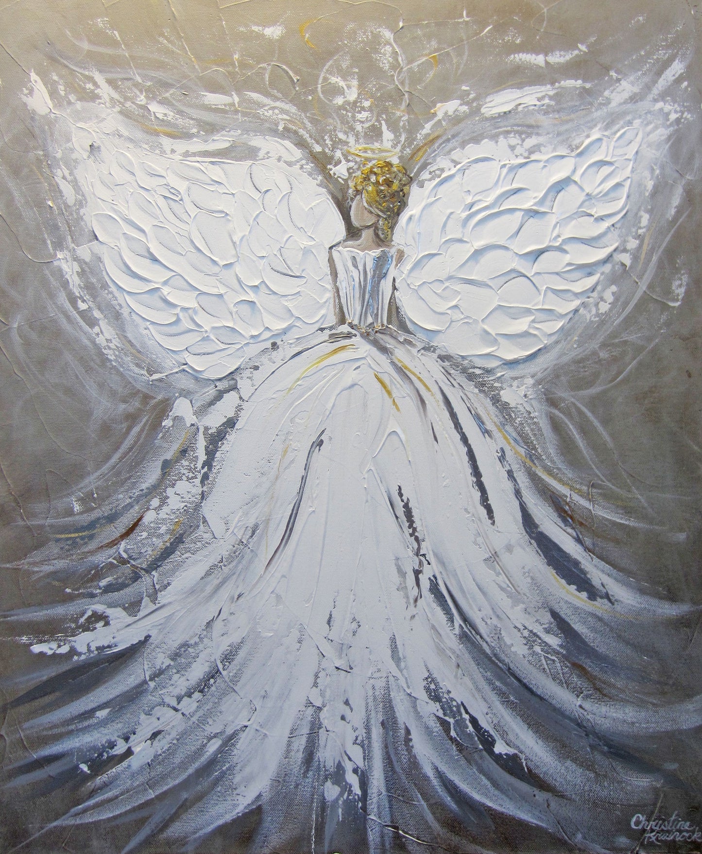 Load image into Gallery viewer, ORIGINAL Abstract Angel Painting White Grey Taupe Guardian Angel Art Textured Spiritual Wall Art 20x24&amp;quot; - Christine Krainock Art - Contemporary Art by Christine - 6
