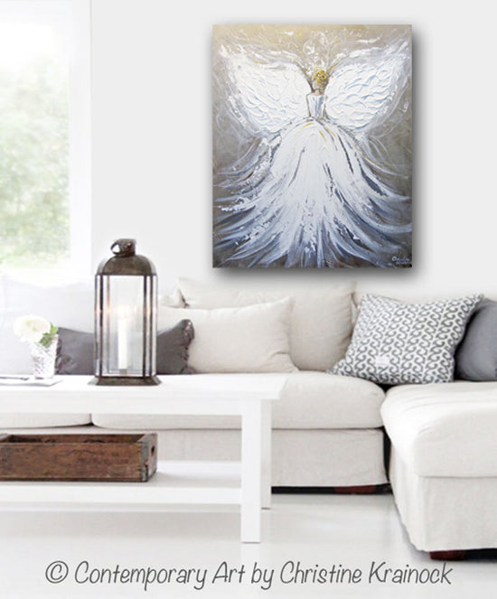 ORIGINAL Abstract Angel Painting White Grey Taupe Guardian Angel Art Textured Spiritual Wall Art 20x24" - Christine Krainock Art - Contemporary Art by Christine - 2