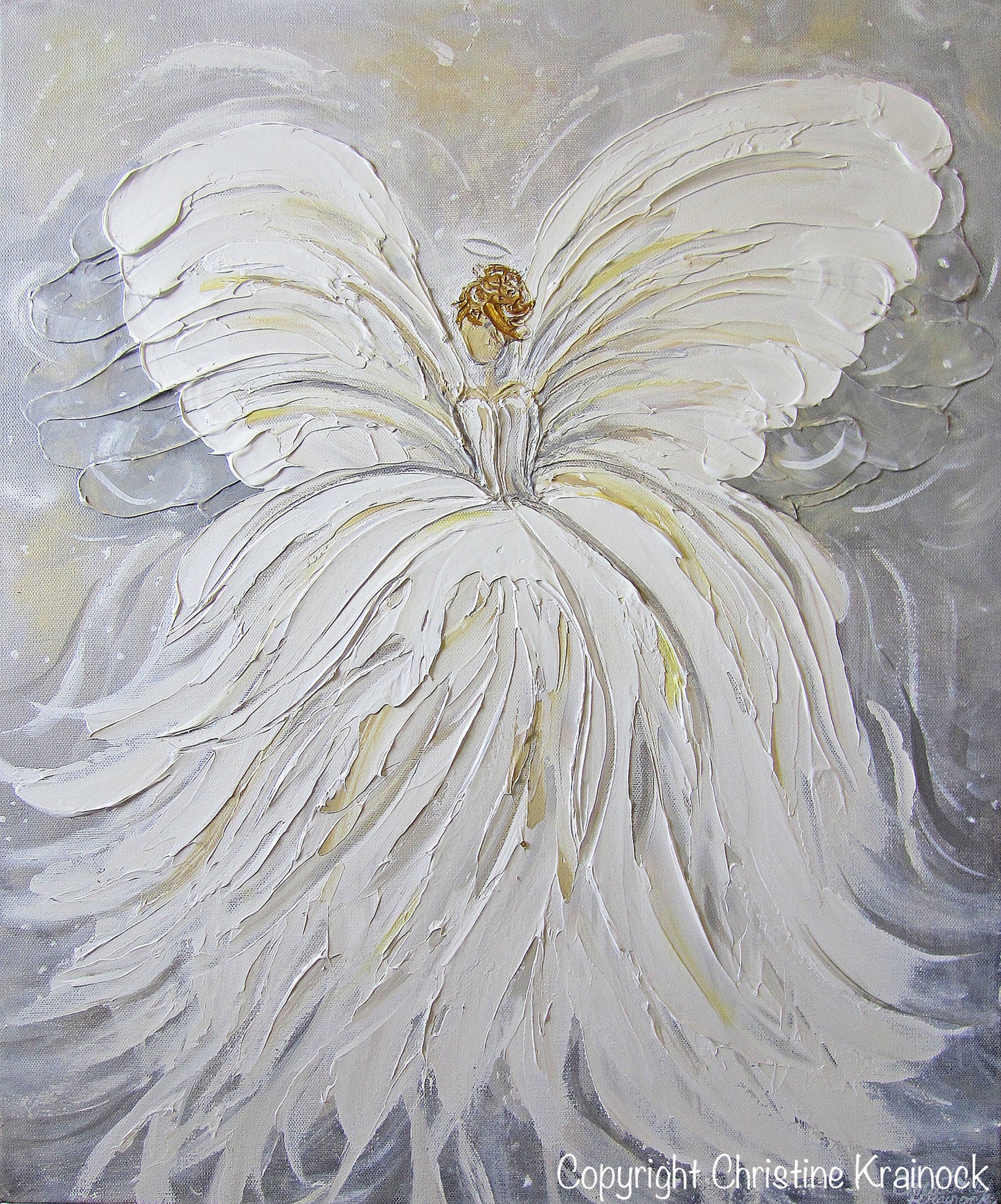 GICLEE PRINT Abstract Angel Painting White Grey Gold Guardian Angel Canvas Print Spiritual Wall Art - Christine Krainock Art - Contemporary Art by Christine - 4