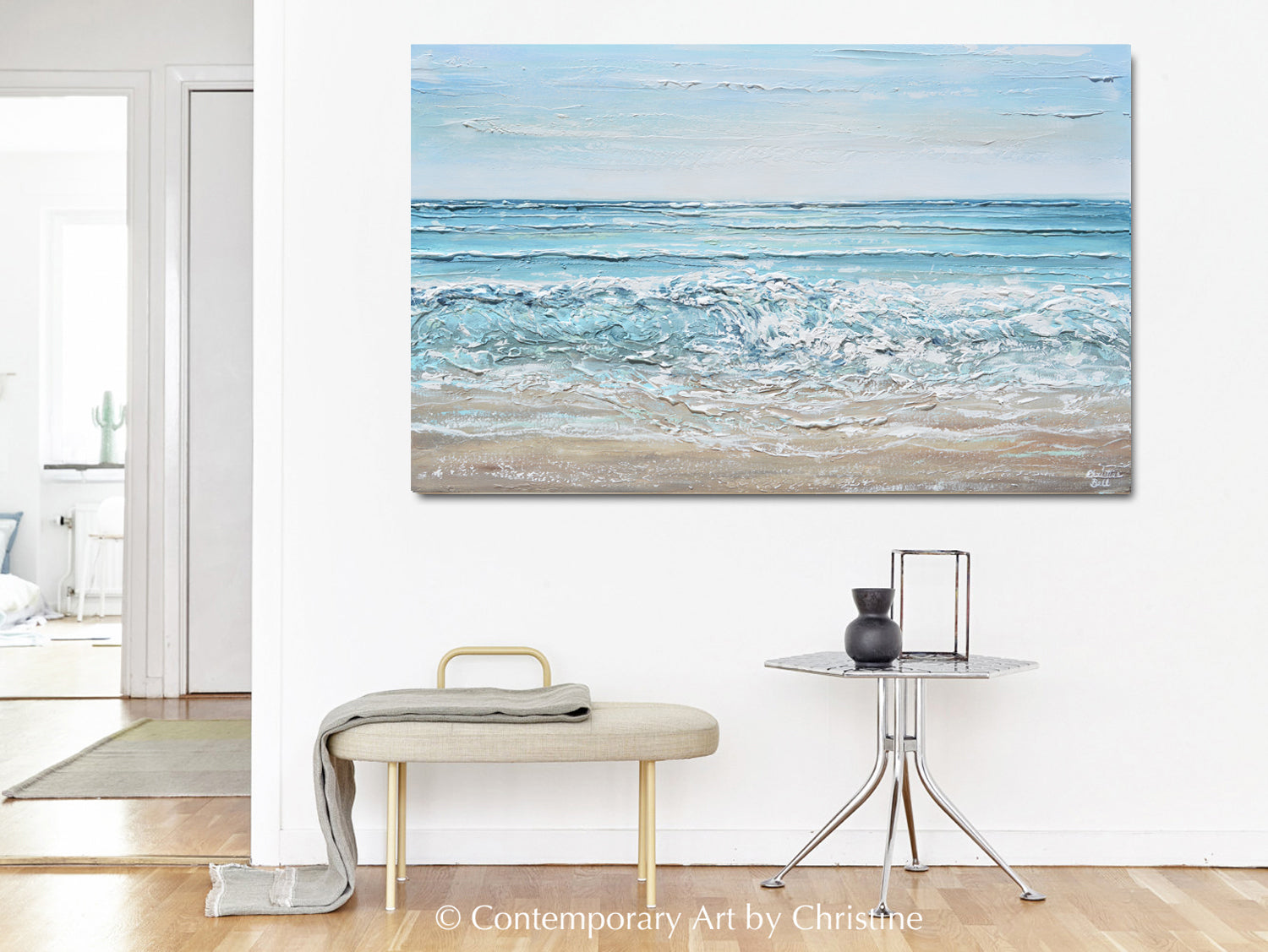 ORIGINAL Abstract Beach Painting Textured Coastal Blue Ocean Art Decor ...