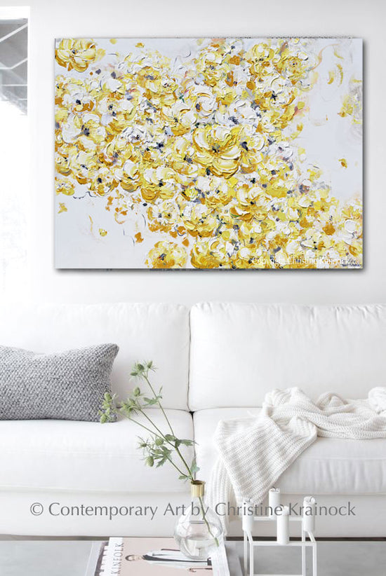 ORIGINAL Art Yellow Grey Abstract Painting Floral Flowers Gold Grey White Wall Decor 30x40"