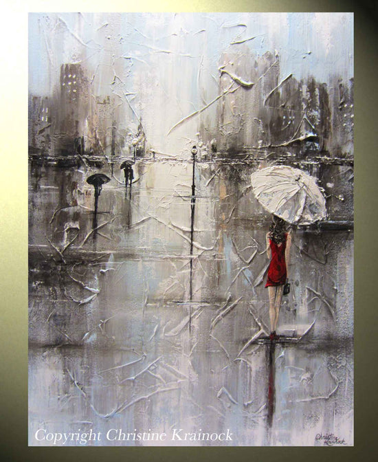ORIGINAL Art Abstract Painting Girl Red Umbrella White Red Dress Grey Blue City Modern Art Canvas - Christine Krainock Art - Contemporary Art by Christine - 4