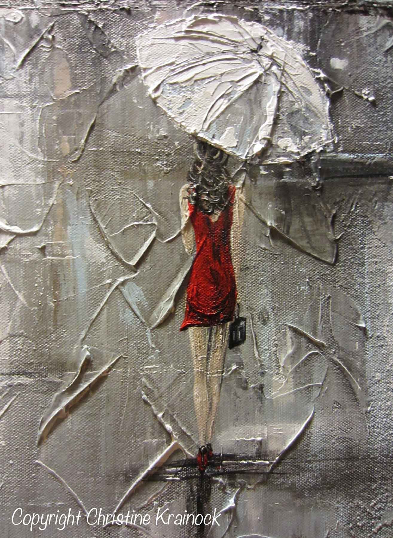 ORIGINAL Art Abstract Painting Girl Red Umbrella White Red Dress Grey Blue City Modern Art Canvas - Christine Krainock Art - Contemporary Art by Christine - 3