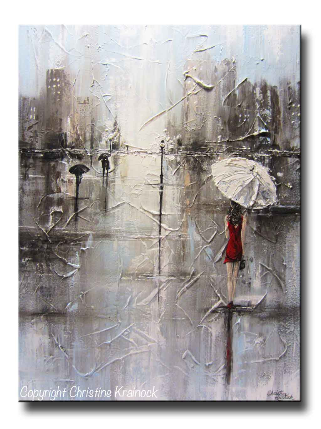ORIGINAL Art Abstract Painting Girl Red Umbrella White Red Dress