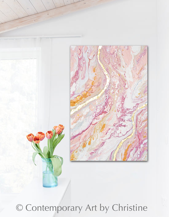 "Tickled Pink" ORIGINAL Art Abstract Painting Pink Peach White Rose Gold Leaf Coastal 24x36"