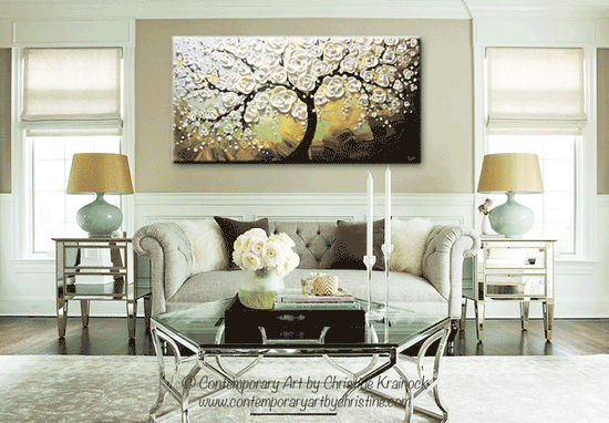 ORIGINAL Art Abstract Painting White Cherry Tree Flower Blossoms Large Fine Art Textured Palette Knife - Christine Krainock Art - Contemporary Art by Christine - 2