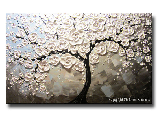 ORIGINAL Art Abstract Painting White Blossoming Cherry Tree Flowers Large Art Textured Blue Grey Taupe - Christine Krainock Art - Contemporary Art by Christine - 5