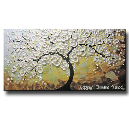ORIGINAL Art Abstract Painting Blossoming Cherry Tree Textured White Flowers Wall Art Blue Brown - Christine Krainock Art - Contemporary Art by Christine - 4