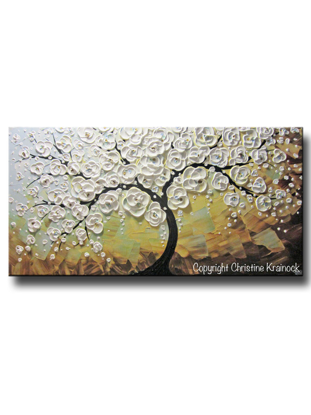 ORIGINAL Art Abstract Painting Blossoming Cherry Tree Textured White Flowers Wall Art Blue Brown - Christine Krainock Art - Contemporary Art by Christine - 1