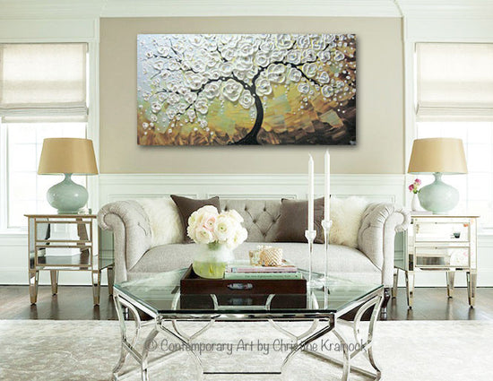 ORIGINAL Art Abstract Painting Blossoming Cherry Tree Textured White Flowers Wall Art Blue Brown - Christine Krainock Art - Contemporary Art by Christine - 2