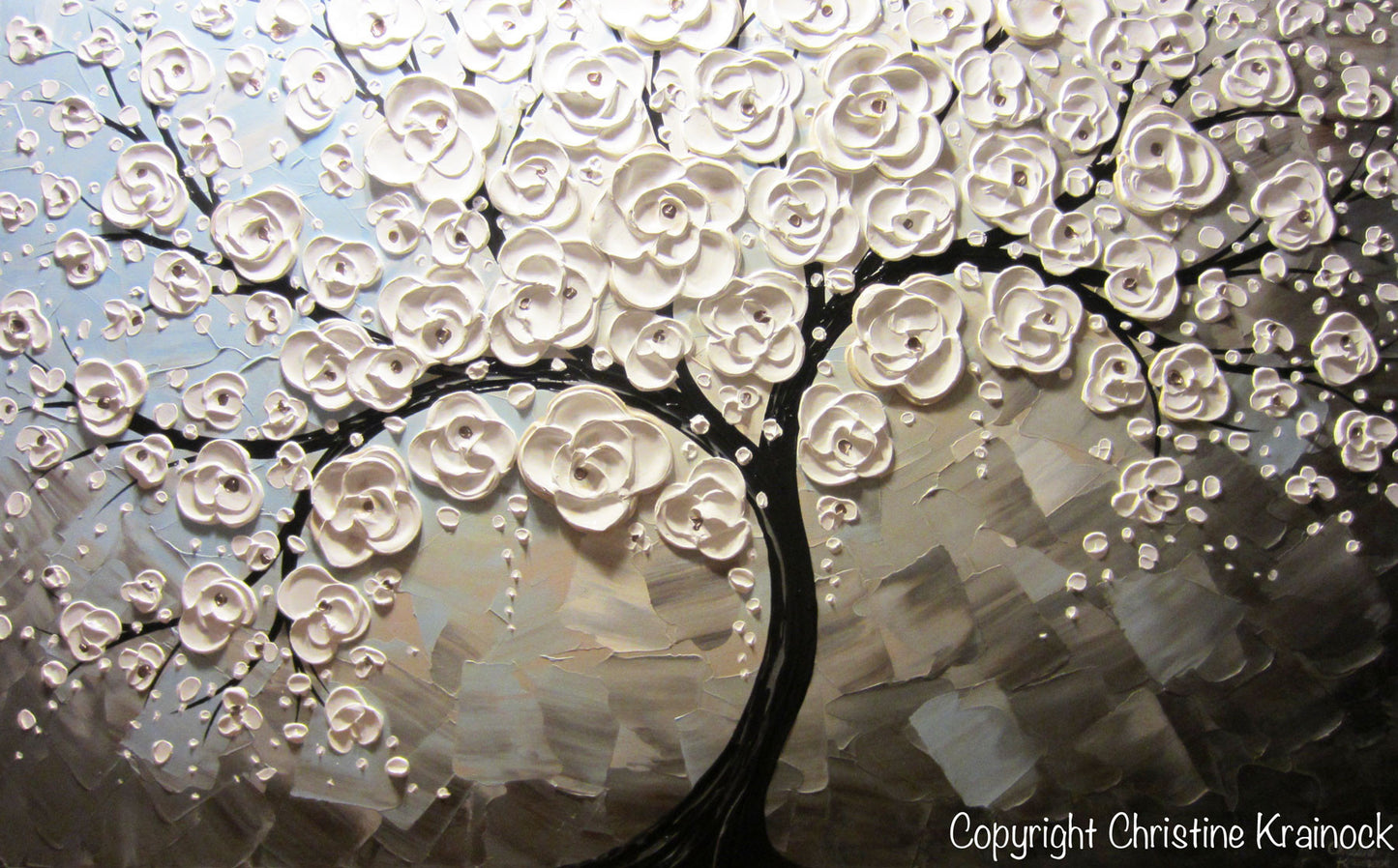 ORIGINAL Art Abstract Painting White Blossoming Cherry Tree Flowers Large Art Textured Blue Grey Taupe - Christine Krainock Art - Contemporary Art by Christine - 3
