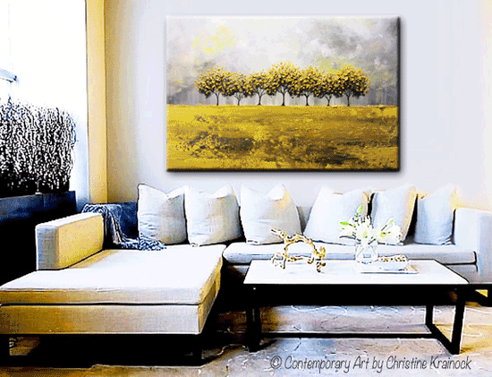 Load image into Gallery viewer, ORIGINAL Art Abstract Yellow Grey Painting Tree Landscape Large Canvas Textured Coastal Rain - Christine Krainock Art - Contemporary Art by Christine - 4
