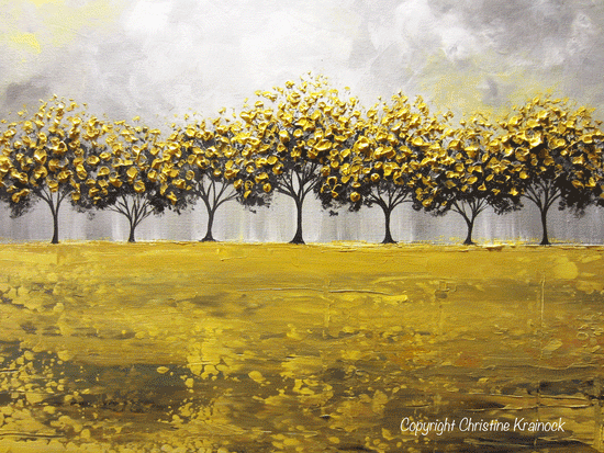 GICLEE PRINT Art Abstract Yellow Grey Painting Tree Landscape Canvas Prints Nature Rain Gold - Christine Krainock Art - Contemporary Art by Christine - 4