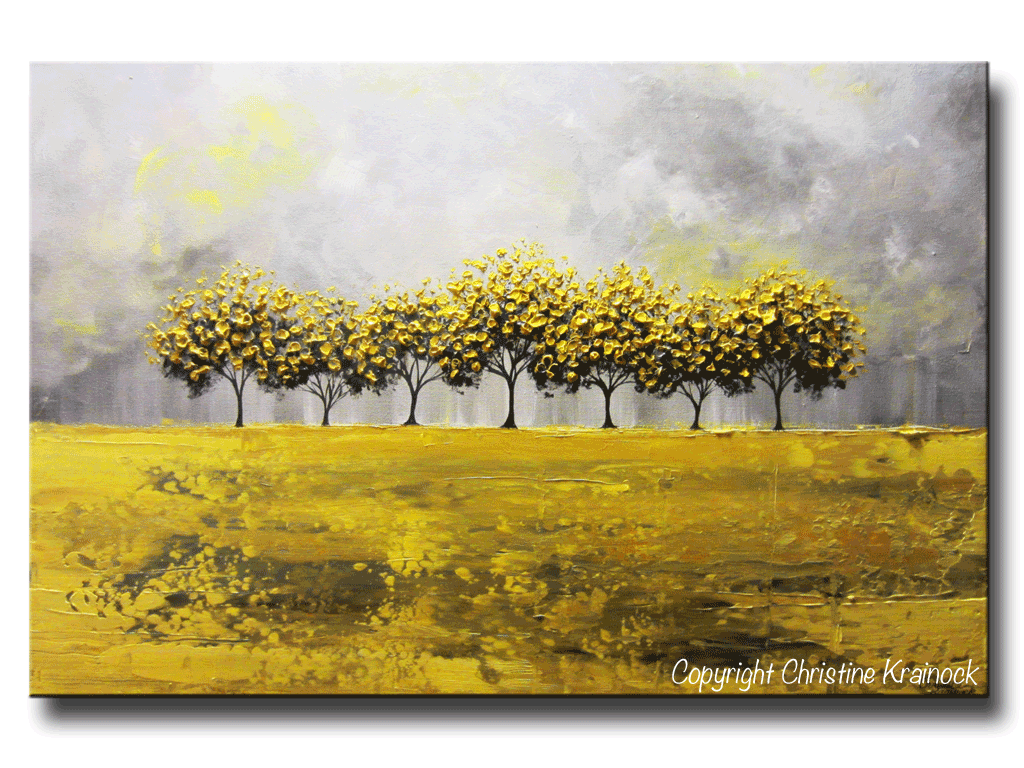 Load image into Gallery viewer, ORIGINAL Art Abstract Yellow Grey Painting Tree Landscape Large Canvas Textured Coastal Rain - Christine Krainock Art - Contemporary Art by Christine - 5
