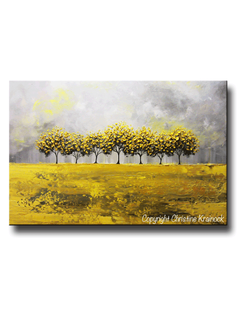 ORIGINAL Art Abstract Yellow Grey Painting Tree Landscape Large Canvas Textured Coastal Rain - Christine Krainock Art - Contemporary Art by Christine - 1