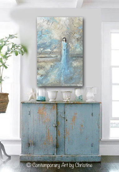 ORIGINAL Abstract Figurative Painting Woman Blue Dress Textured Blue White Grey Home Decor 24x36"