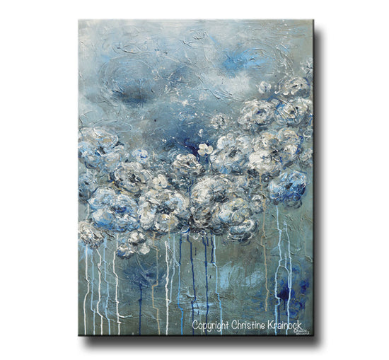 ORIGINAL Art Abstract Blue Grey White Floral Painting Flowers LARGE Modern Coastal - Christine Krainock Art - Contemporary Art by Christine - 3
