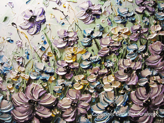 ORIGINAL Art Abstract Painting Purple Blue Flowers Poppies Textured  Mint Green Lavender Light Blue Poppy - Christine Krainock Art - Contemporary Art by Christine - 4
