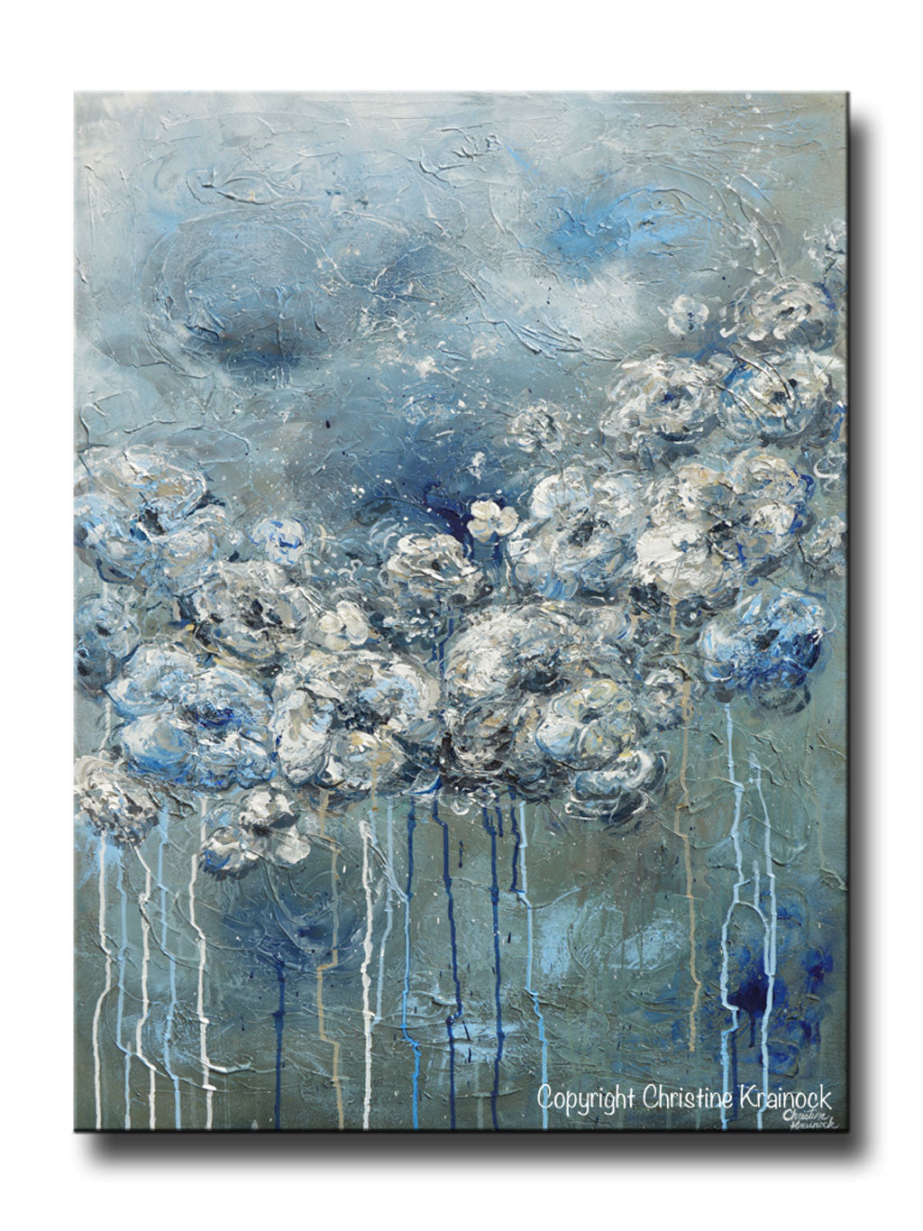 ORIGINAL Art Abstract Blue Grey White Floral Painting Flowers LARGE Modern Coastal - Christine Krainock Art - Contemporary Art by Christine - 1