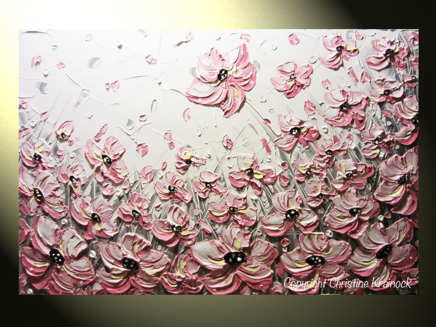 ORIGINAL Art Abstract Painting Pink Poppies Flowers Pink White Grey Textured Large WallnArt Decor - Christine Krainock Art - Contemporary Art by Christine - 5