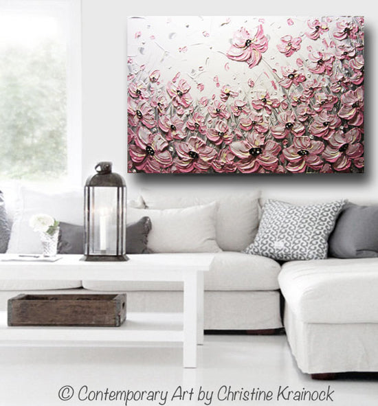 ORIGINAL Art Abstract Painting Pink Poppies Flowers Pink White Grey Textured Large WallnArt Decor - Christine Krainock Art - Contemporary Art by Christine - 3
