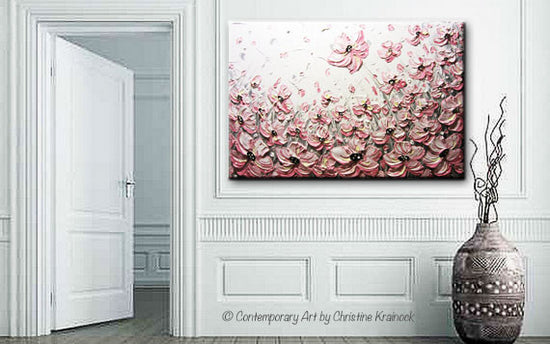 ORIGINAL Art Abstract Painting Pink Poppies Flowers Pink White Grey Textured Large WallnArt Decor - Christine Krainock Art - Contemporary Art by Christine - 2
