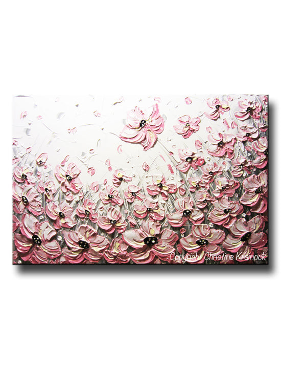 ORIGINAL Art Abstract Painting Pink Poppies Flowers Pink White Grey Textured Large WallnArt Decor - Christine Krainock Art - Contemporary Art by Christine - 1