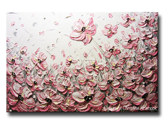 ORIGINAL Art Abstract Painting Pink Poppies Flowers Pink White Grey Textured Large WallnArt Decor - Christine Krainock Art - Contemporary Art by Christine - 4