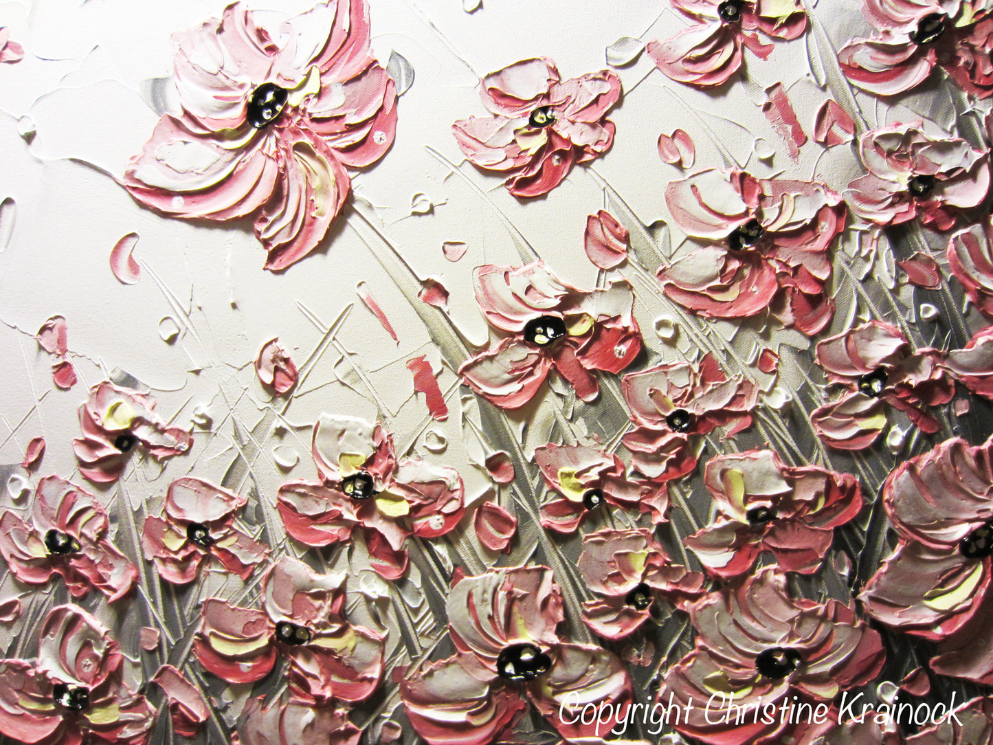CUSTOM Art Abstract Painting Pink Poppies White Flowers Grey Textured Poppy Palette Knife - Christine Krainock Art - Contemporary Art by Christine - 6
