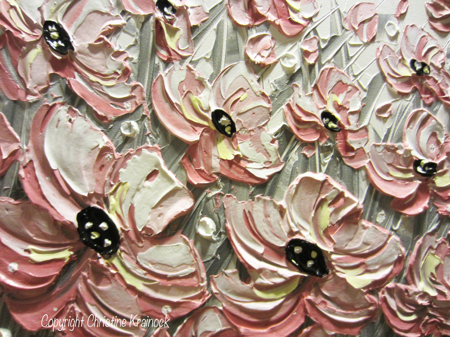 ORIGINAL Art Abstract Painting Pink Poppies Flowers Pink White Grey Textured Large WallnArt Decor - Christine Krainock Art - Contemporary Art by Christine - 6