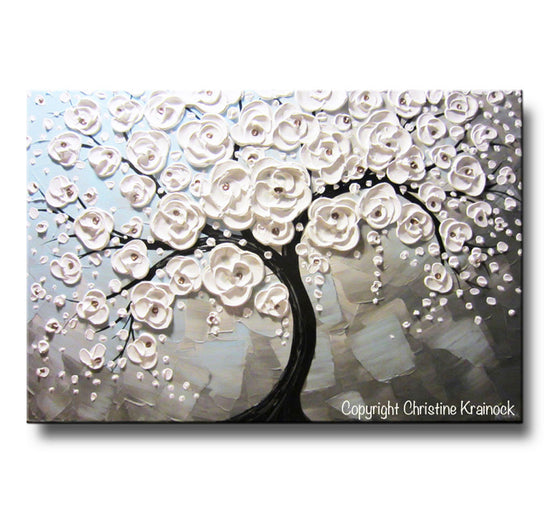 ORIGINAL Art Abstract Painting Blossoming Cherry Tree White Flowers Textured Blue Grey - Christine Krainock Art - Contemporary Art by Christine - 3