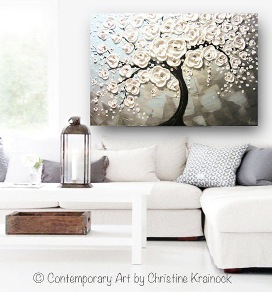 ORIGINAL Art Abstract Painting Blossoming Cherry Tree White Flowers Textured Blue Grey - Christine Krainock Art - Contemporary Art by Christine - 2