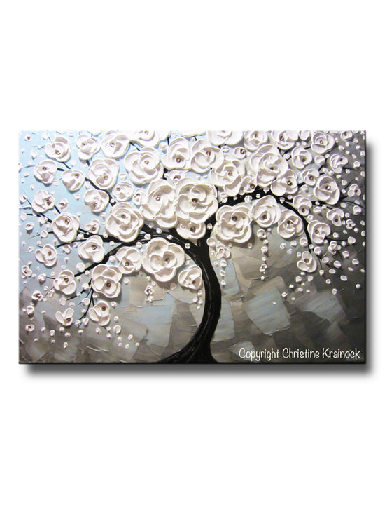 ORIGINAL Art Abstract Painting Blossoming Cherry Tree White Flowers Textured Blue Grey - Christine Krainock Art - Contemporary Art by Christine - 1