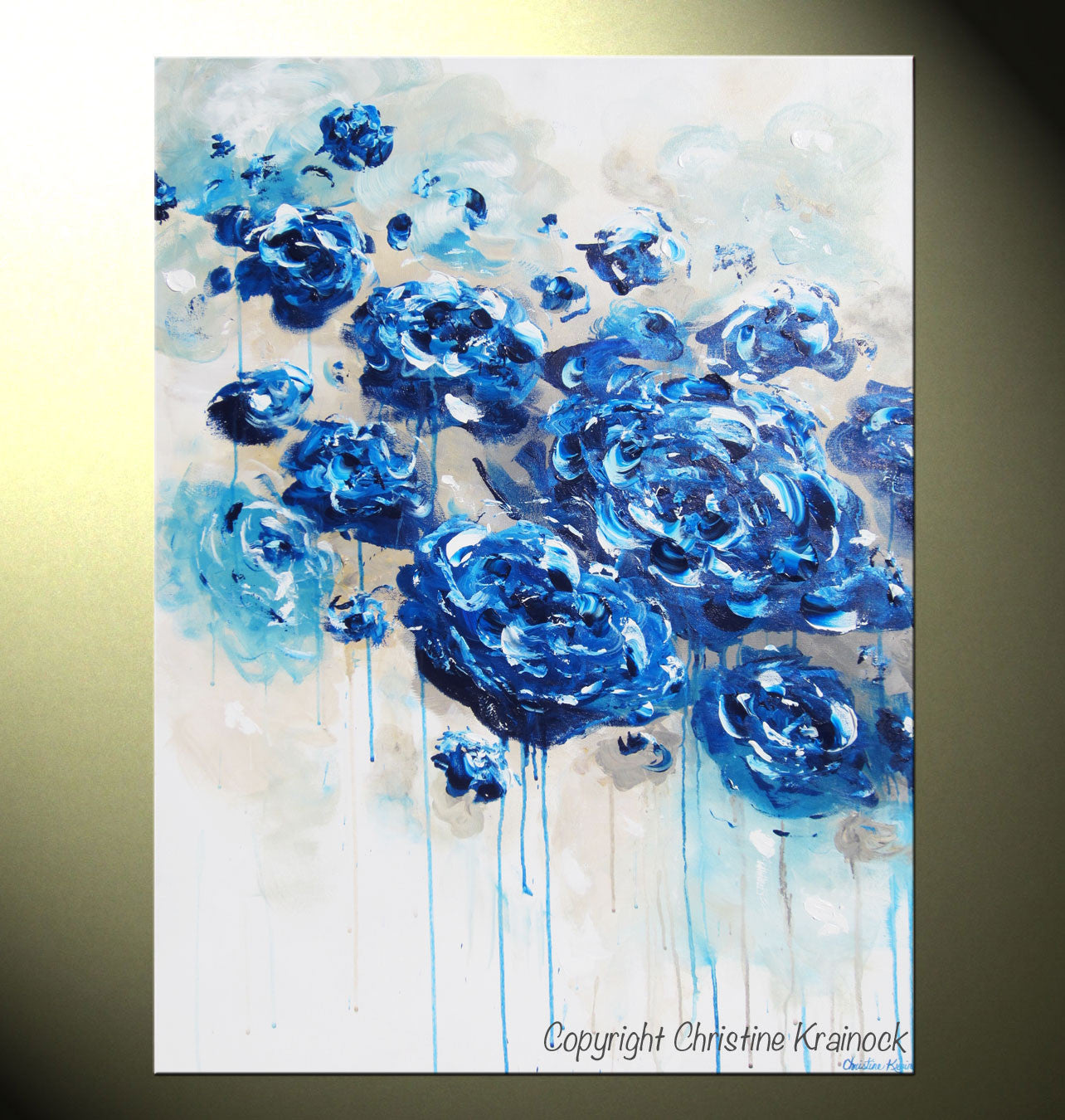 ORIGINAL Art Abstract Navy Blue Floral Painting Botanical Flowers LARGE Modern Coastal Taupe Teal - Christine Krainock Art - Contemporary Art by Christine - 4