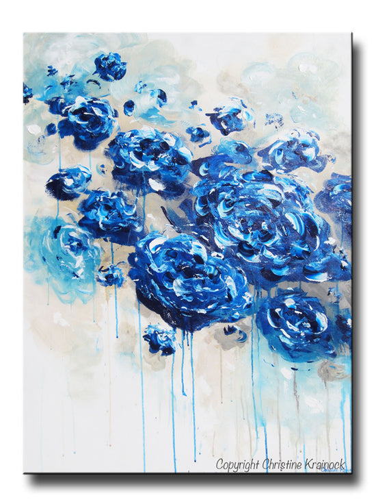 ORIGINAL Art Abstract Navy Blue Floral Painting Botanical Flowers LARGE Modern Coastal Taupe Teal - Christine Krainock Art - Contemporary Art by Christine - 1