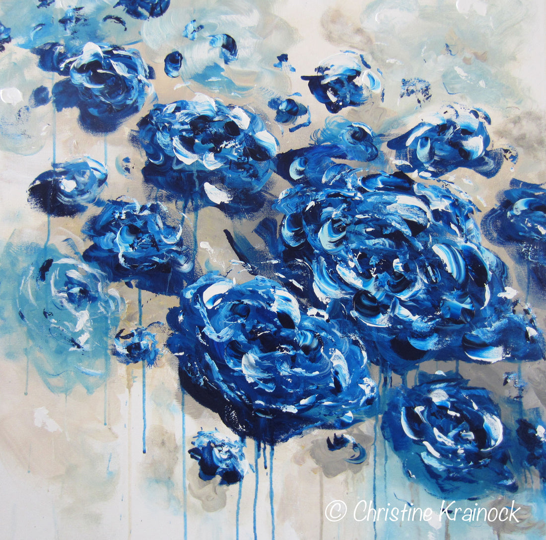 ORIGINAL Art Abstract Navy Blue Floral Painting Flowers Contemporary Art by Christine
