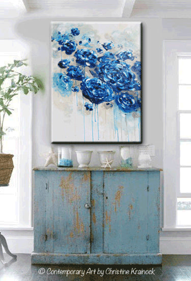 ORIGINAL Art Abstract Navy Blue Floral Painting Botanical Flowers LARGE Modern Coastal Taupe Teal - Christine Krainock Art - Contemporary Art by Christine - 6
