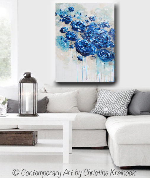 ORIGINAL Art Abstract Navy Blue Floral Painting Botanical Flowers LARGE Modern Coastal Taupe Teal - Christine Krainock Art - Contemporary Art by Christine - 3