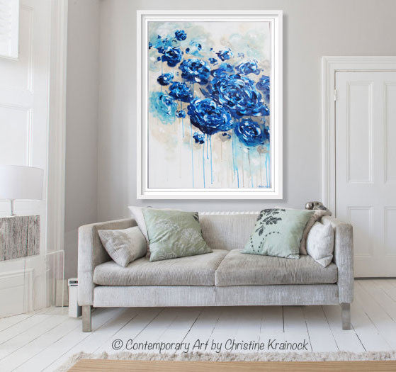 ORIGINAL Art Abstract Navy Blue Floral Painting Botanical Flowers LARGE Modern Coastal Taupe Teal - Christine Krainock Art - Contemporary Art by Christine - 2