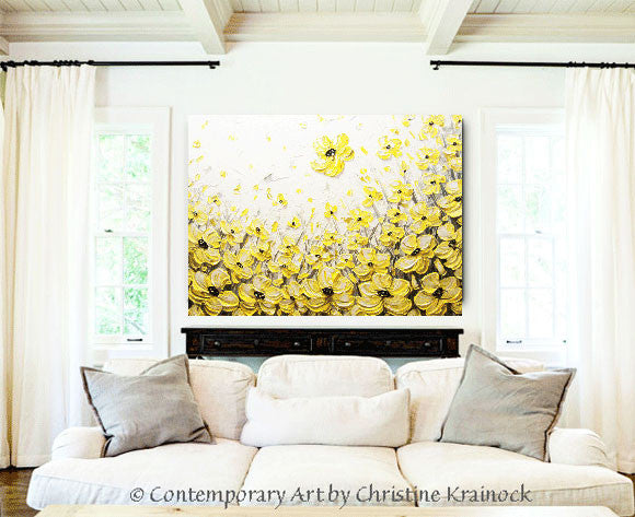 Original Art Yellow Grey Abstract Painting Flowers Poppies Modern Coastal Gold White Floral 30x40" - Christine Krainock Art - Contemporary Art by Christine - 4