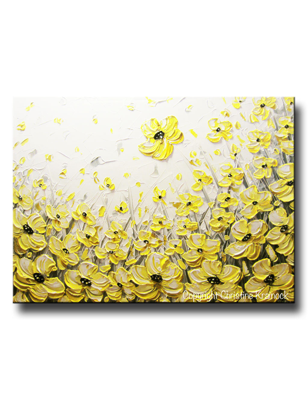 Original Art Yellow Grey Abstract Painting Flowers Poppies Modern Coastal Gold White Floral 30x40" - Christine Krainock Art - Contemporary Art by Christine - 1