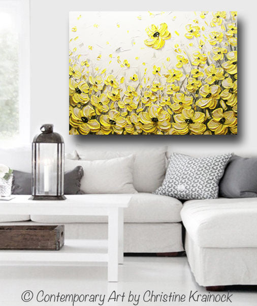 Original Art Yellow Grey Abstract Painting Flowers Poppies Modern Coastal Gold White Floral 30x40" - Christine Krainock Art - Contemporary Art by Christine - 2