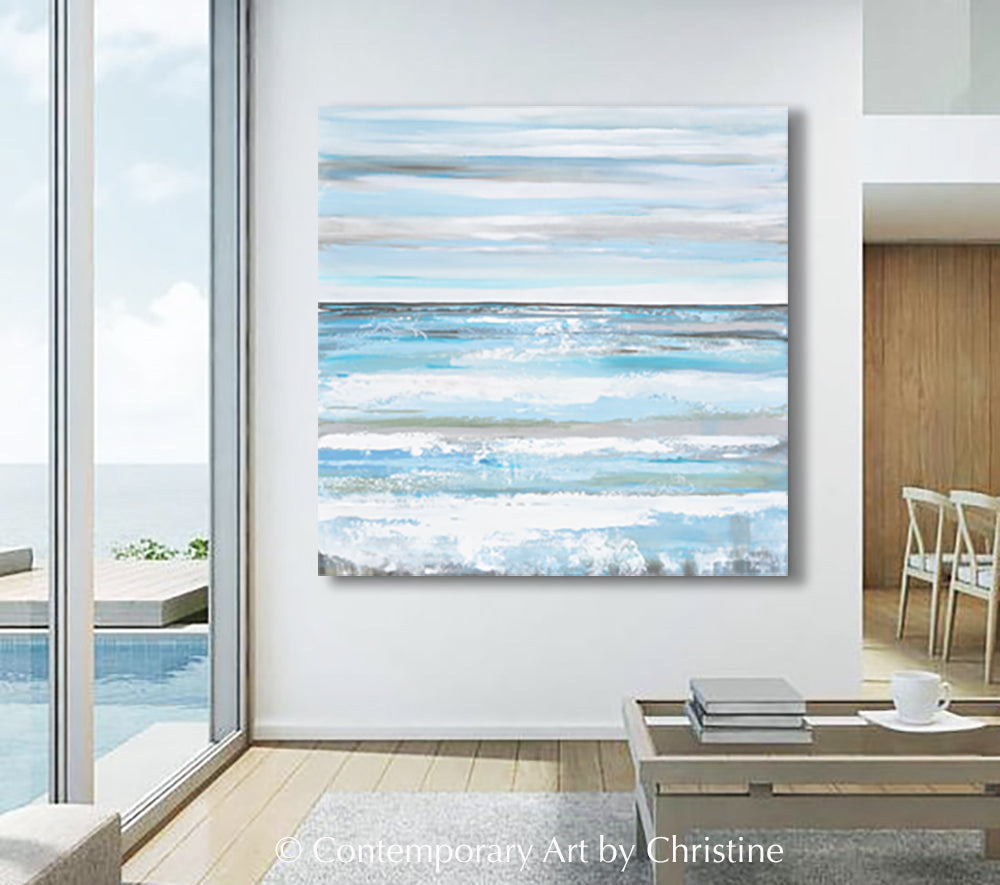 "Coastal Wishes" ORIGINAL Art Textured Abstract Painting Light Blue White Grey Coastal Seascape Minimalist Wall Art XL 48x48"