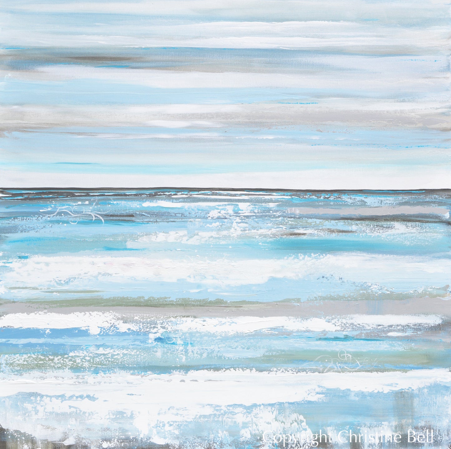 "Coastal Wishes" ORIGINAL Art Textured Abstract Painting Light Blue White Grey Coastal Seascape Minimalist Wall Art XL 48x48"