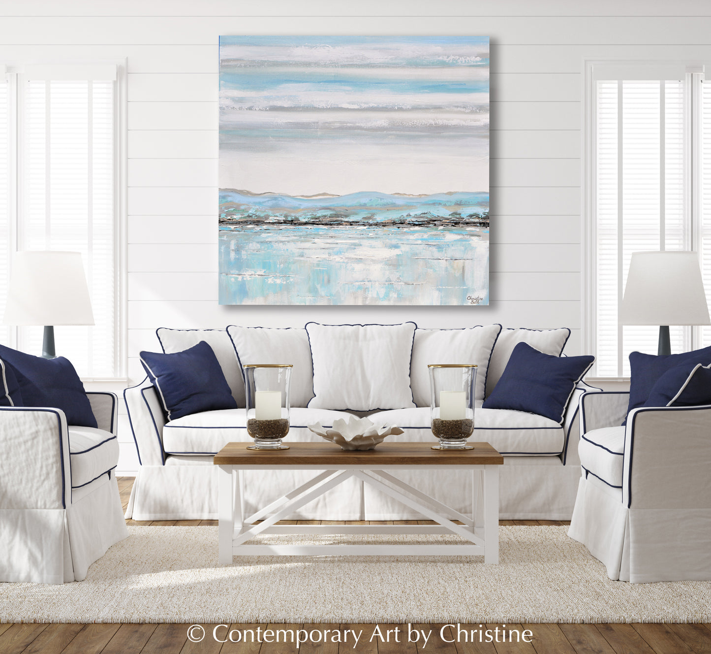 Load image into Gallery viewer, &amp;quot;Morning Memories&amp;quot; ORIGINAL Art Textured Abstract Painting Light Blue White Grey Coastal Seascape Minimalist Wall Art 36x36&amp;quot;
