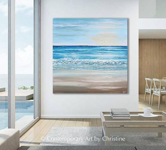 Load image into Gallery viewer, &amp;quot;Surf and Sun&amp;quot; ORIGINAL Art Textured Coastal Abstract Seascape Painting Light Blue White Grey Coastal Seascape Minimalist Wall Art XL 48x48&amp;quot;
